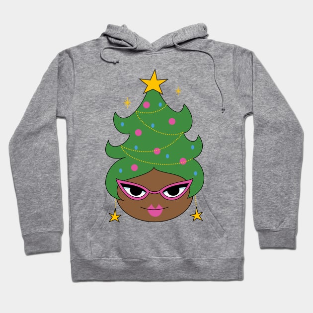 Retro Christmas Tree Cute Beehive - Black Girl Hair Hoodie by PUFFYP